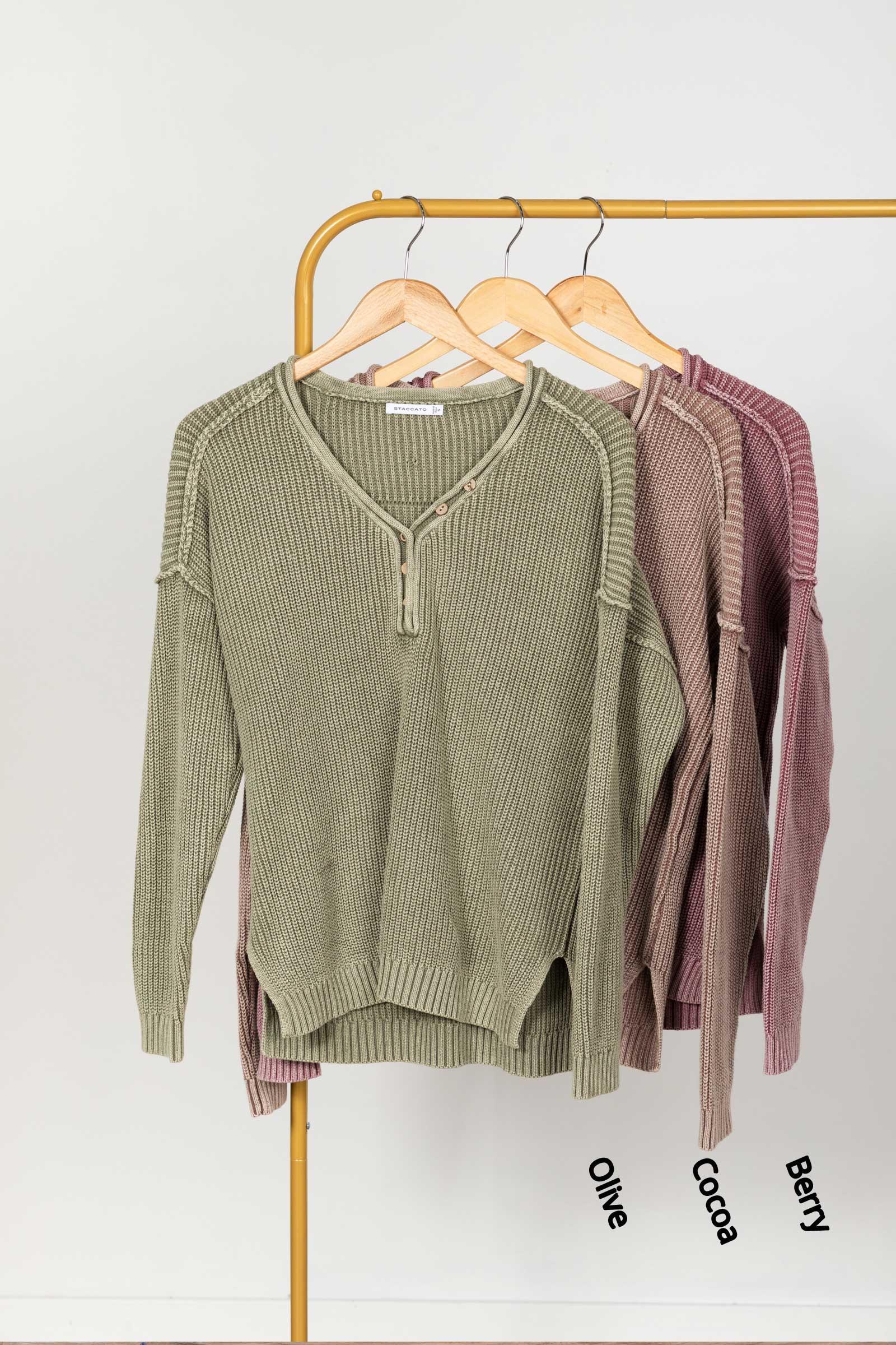 Washed Yarn V-Neck Button Detail Sweater Product Image