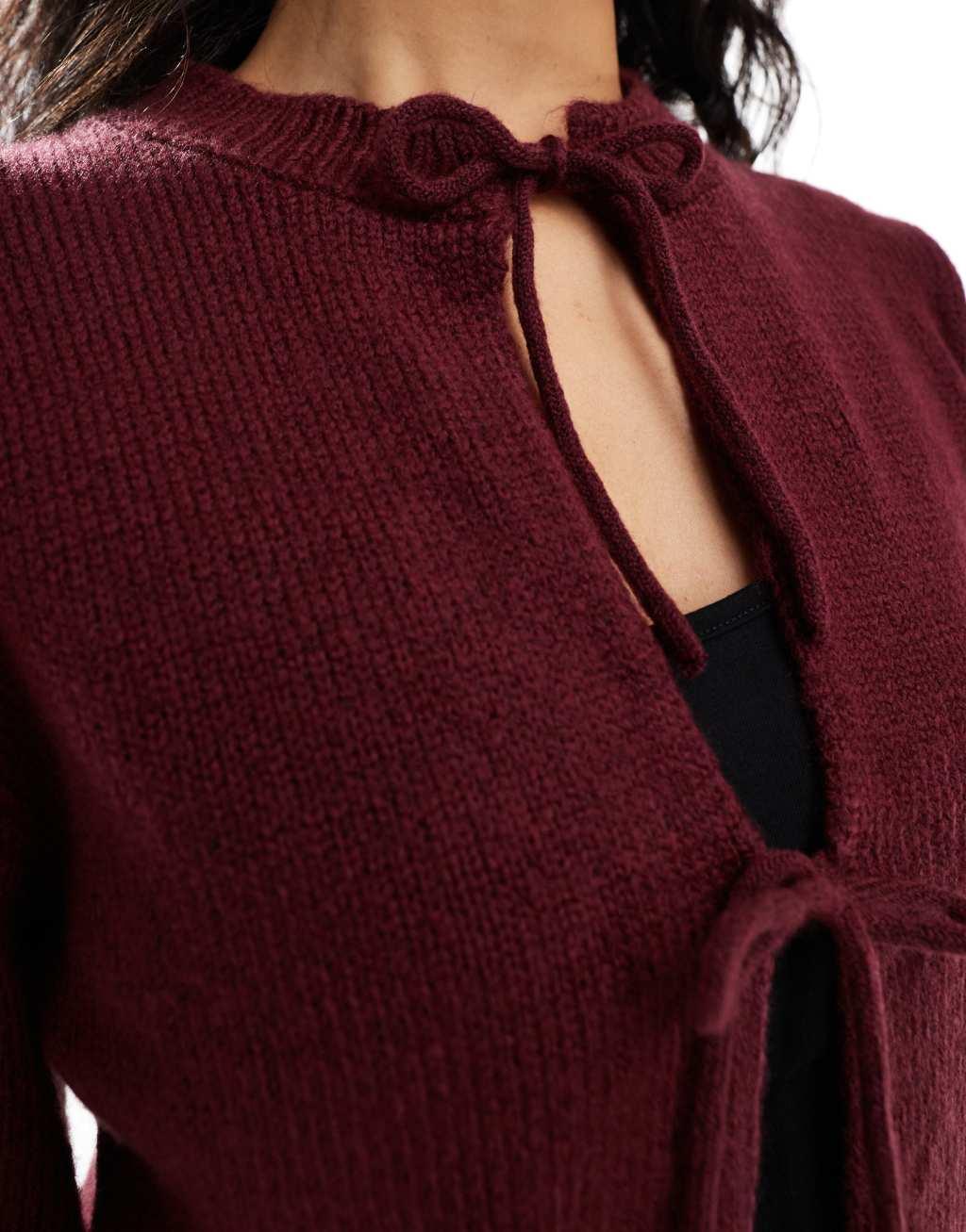 ASOS DESIGN knit oversized tie front cardigan in burgundy Product Image