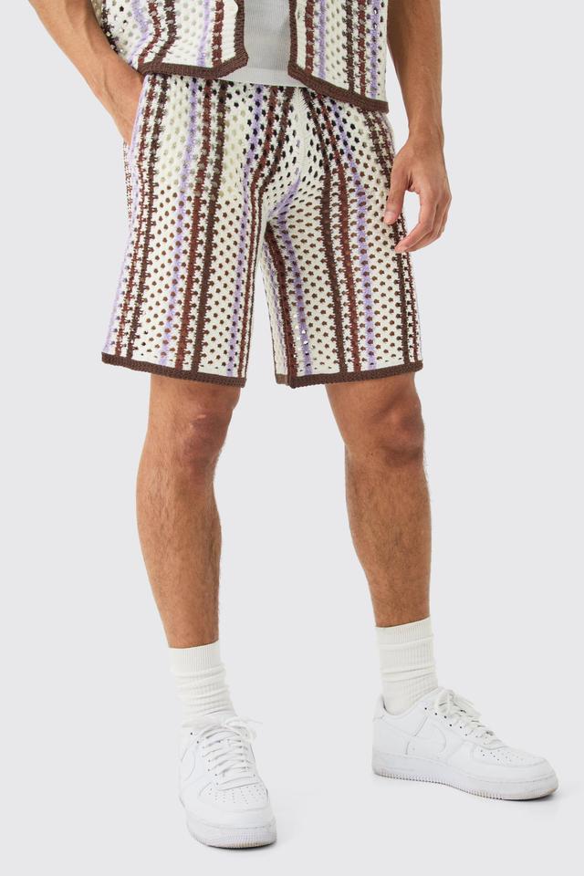 Relaxed Open Stitch Stripe Knitted Short | boohooMAN USA Product Image