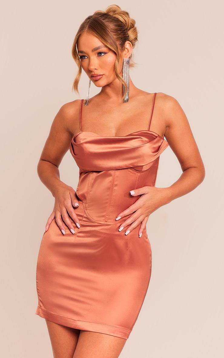 Rust Satin Cup Detail Corset Mini Dress Product Image