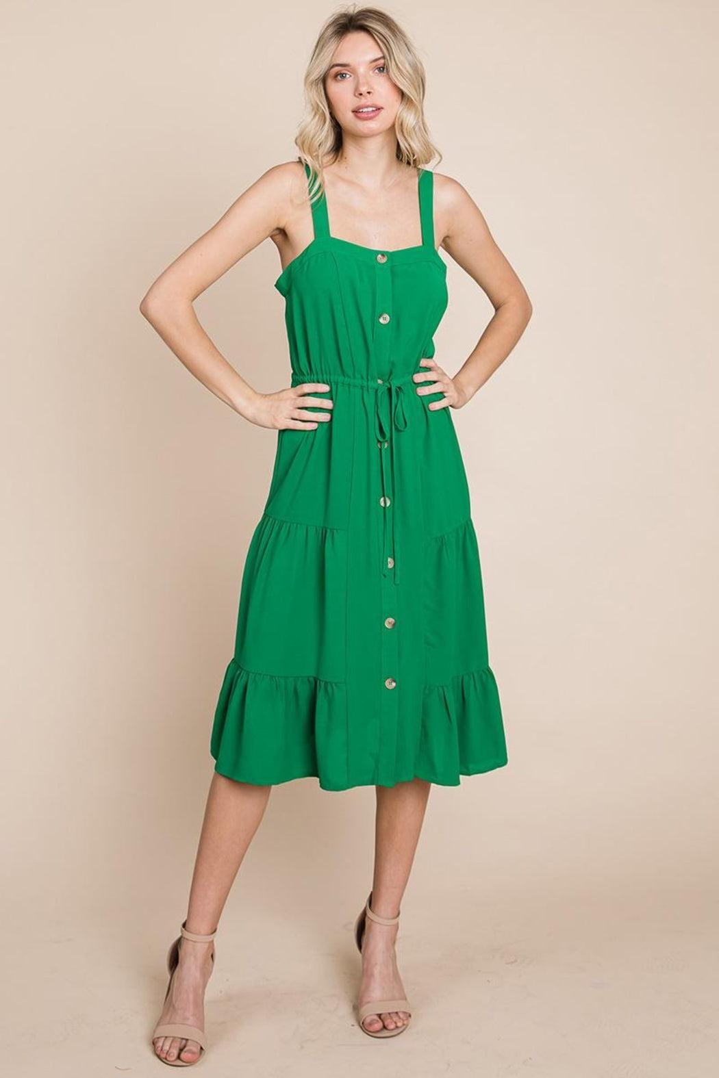 Tiered Square Neck Ruffled Button Midi Sundresses Product Image