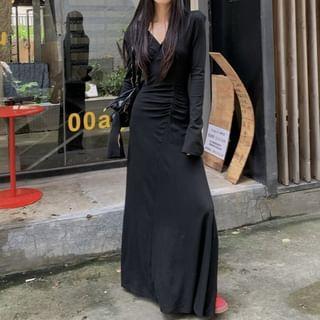 Long-Sleeve V-Neck Plain Ruched Maxi A-Line Dress product image