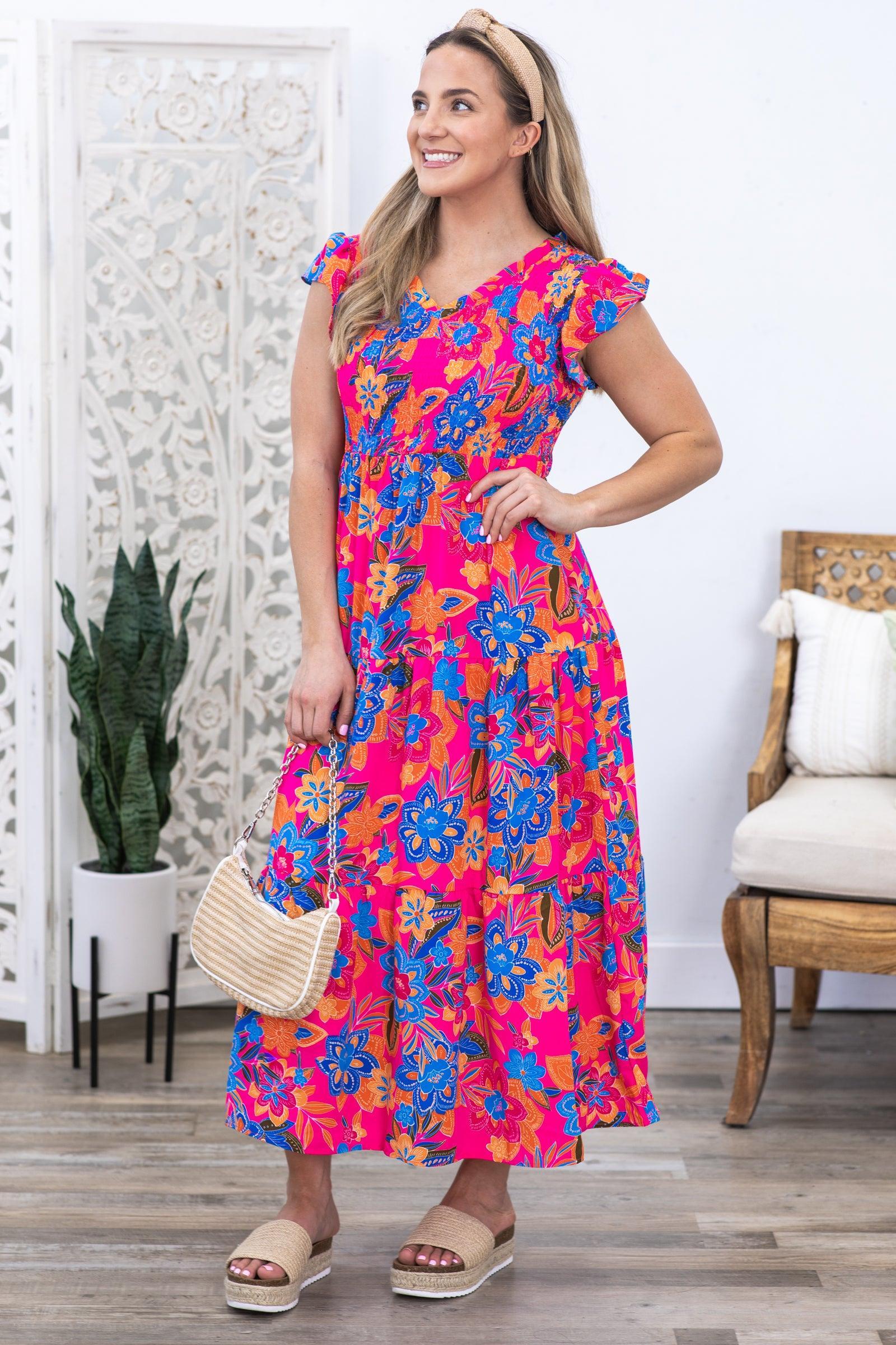 Fuchsia Boho Floral V-Neck Tiered Dress Product Image