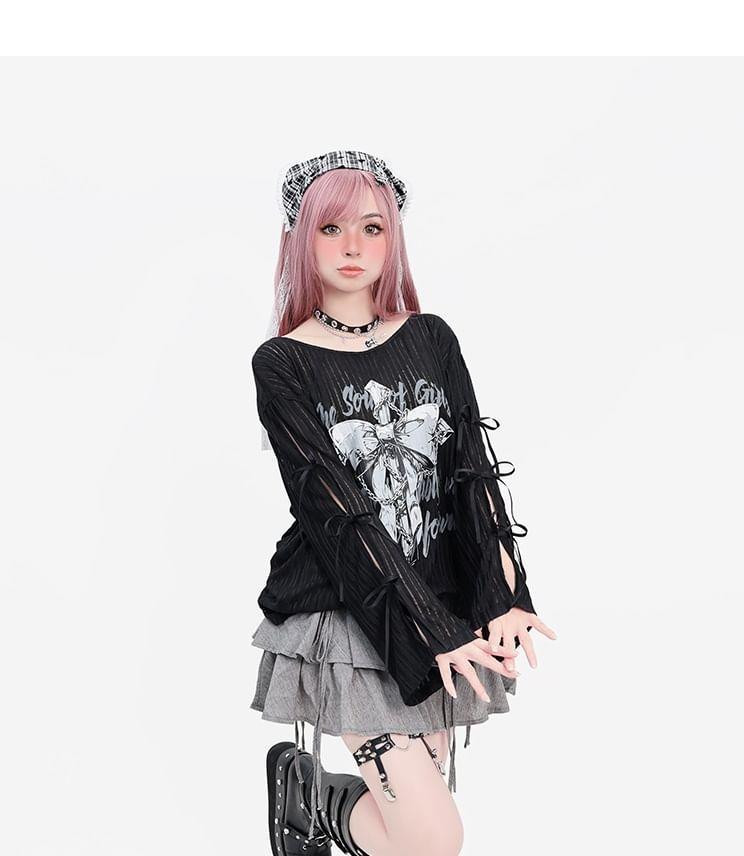 Long-Sleeve Crew Neck Bow Print Cutout Sheer Tee Product Image