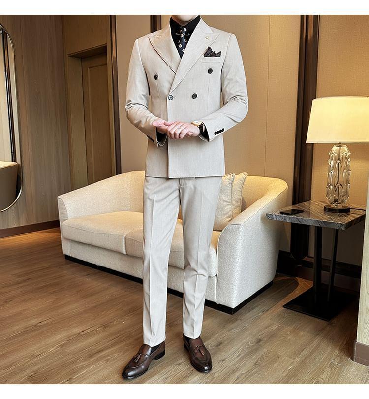 Set: Plain Double-Breasted Blazer + Dress Pants Product Image