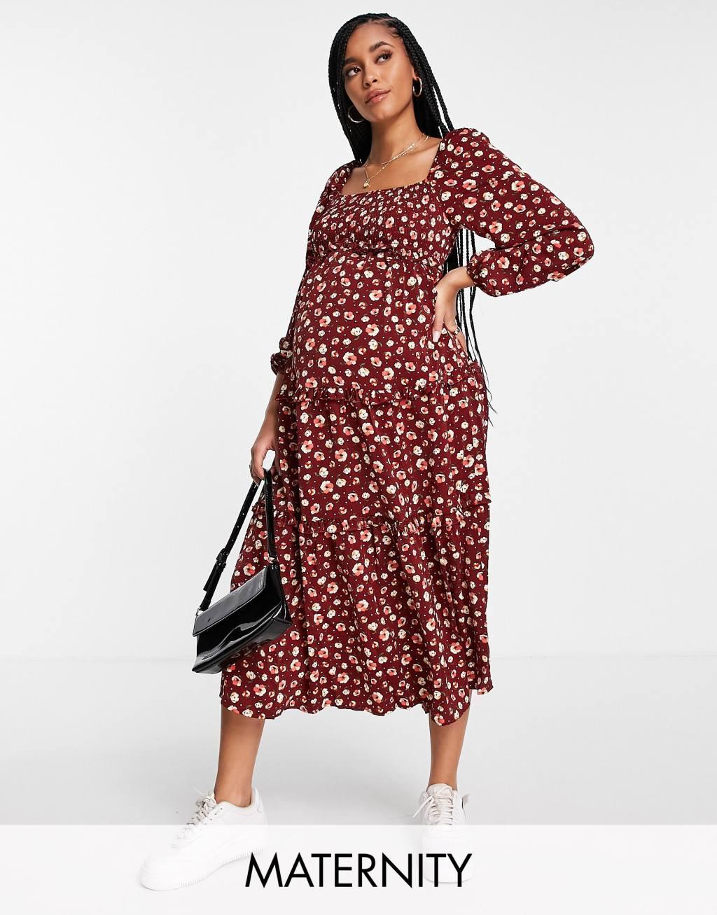 Missguided Maternity floral tiered midaxi dress in burgundy Product Image