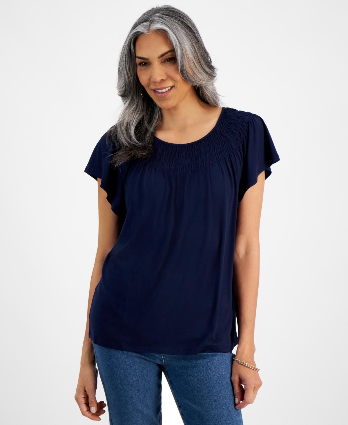 Style & Co Womens Short-Sleeve Smocked-Neck Knit Top, Created for Macys Product Image