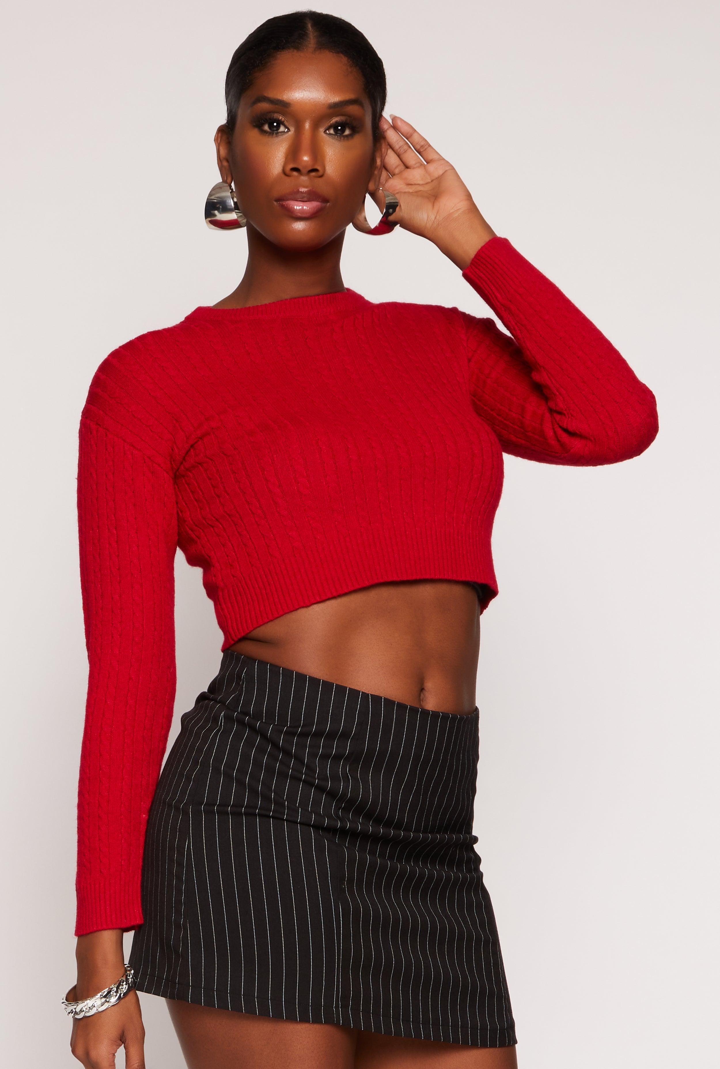 Womens Cable Knit Crew Neck Cropped Sweater Product Image