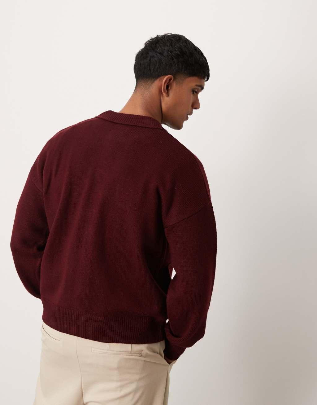 ASOS DESIGN relaxed boxy fit knitted bomber cardigan in burgundy Product Image