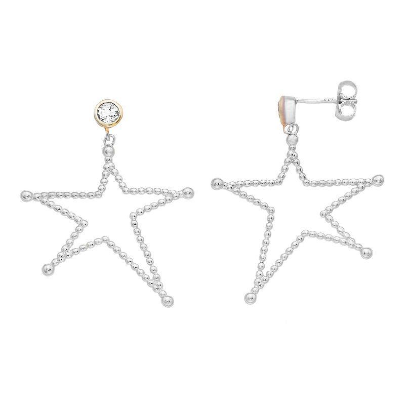 Two Tone Sterling Silver White Topaz Star Earrings, Womens Product Image