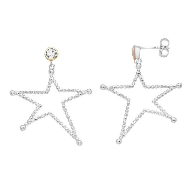 Two Tone Sterling Silver White Topaz Star Earrings, Womens Product Image