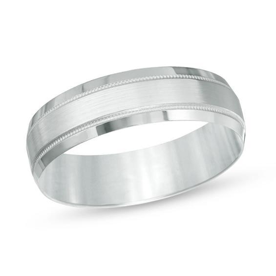 Men's 6.0mm Brushed Center Milgrain Comfort Fit Wedding Band in 10K White Gold Product Image