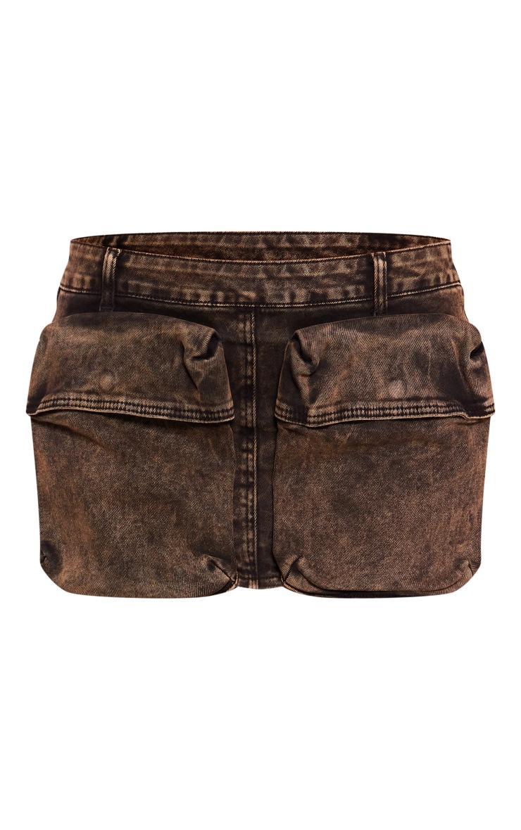 Brown Acid Wash Pocket Detail Low Rise Micro Mini Denim Skirt Product Image