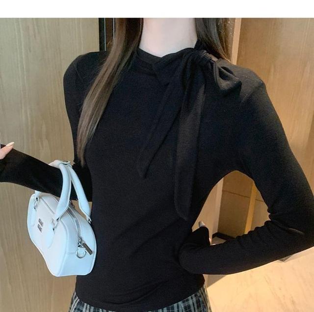 Long-Sleeve Mock Neck Plain Bow Tee Product Image