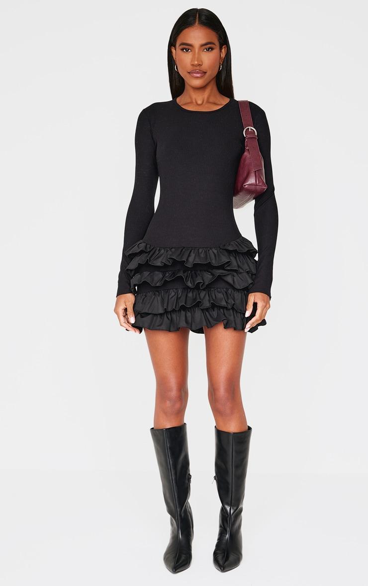 Black Ribbed Long Sleeve Frill Mini Dress Product Image