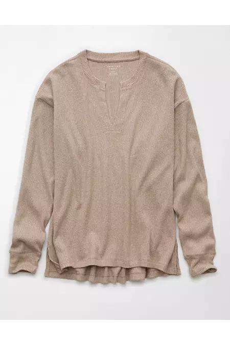 AE Plush Long-Sleeve Waffle Notch Neck T-Shirt Women's Product Image