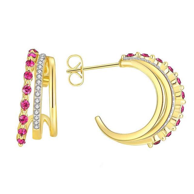 Chrystina 14k Gold Plated White & Red Crystal Triple Row C-Hoop Earrings, Womens, Gold Tone Product Image