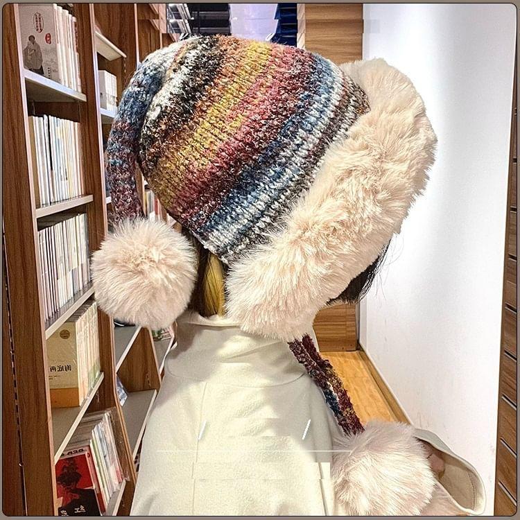 Striped Pom Pom Fluffy Trim Beanie Product Image