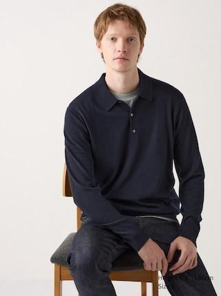 Mens Merino Knitted Polo Shirt Navy 3XL UNIQLO US Product Image