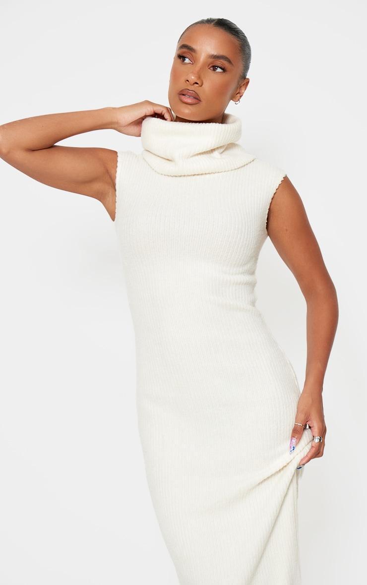 Cream Brushed Rib Roll Neck Maxi Dress Product Image