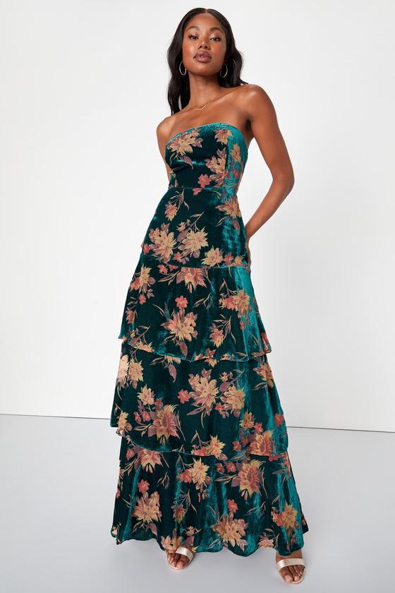 Real Allure Emerald Floral Burnout Velvet Strapless Maxi Dress Product Image