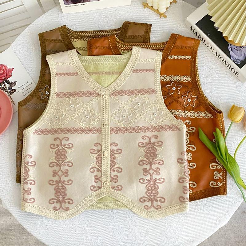 V-Neck Floral Embroidered Button-Up Faux Leather Crop Vest Product Image