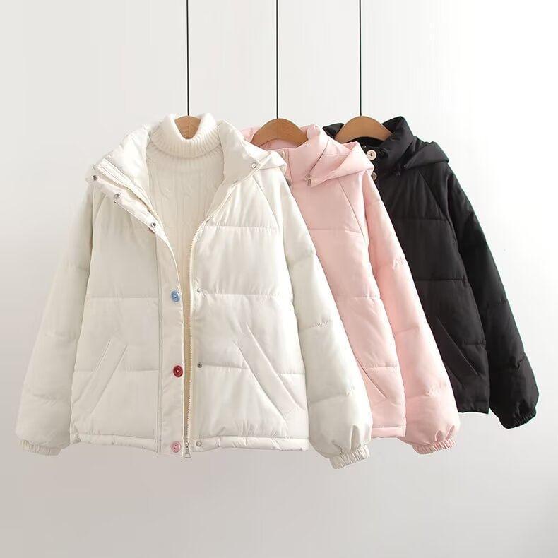 Hooded Stand Collar Button Up Puffer Jacket Product Image