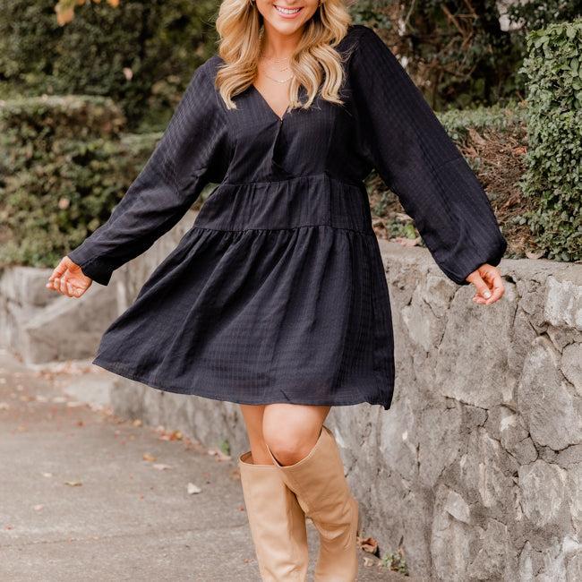 Your Purpose Black V-Neck Long Sleeve Tiered Mini Dress FINAL SALE Product Image