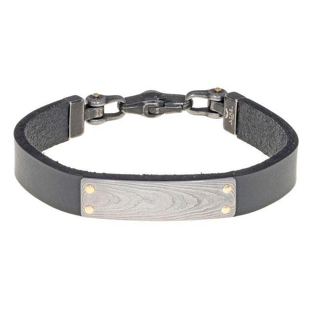 Mens LYNX Damascus Steel & Leather Bracelet Black Product Image