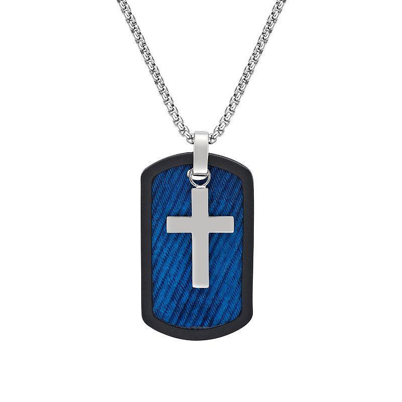 Mens LYNX Blue Ion-Plated Stainless Steel Cross Dog Tag Pendant Necklace Two Tone Product Image