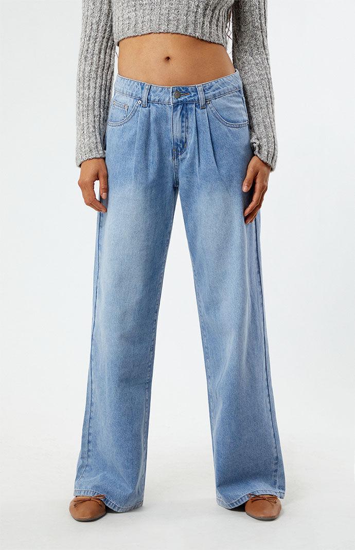 Womens Light Blue Pleated Low Rise Baggy Jeans Product Image