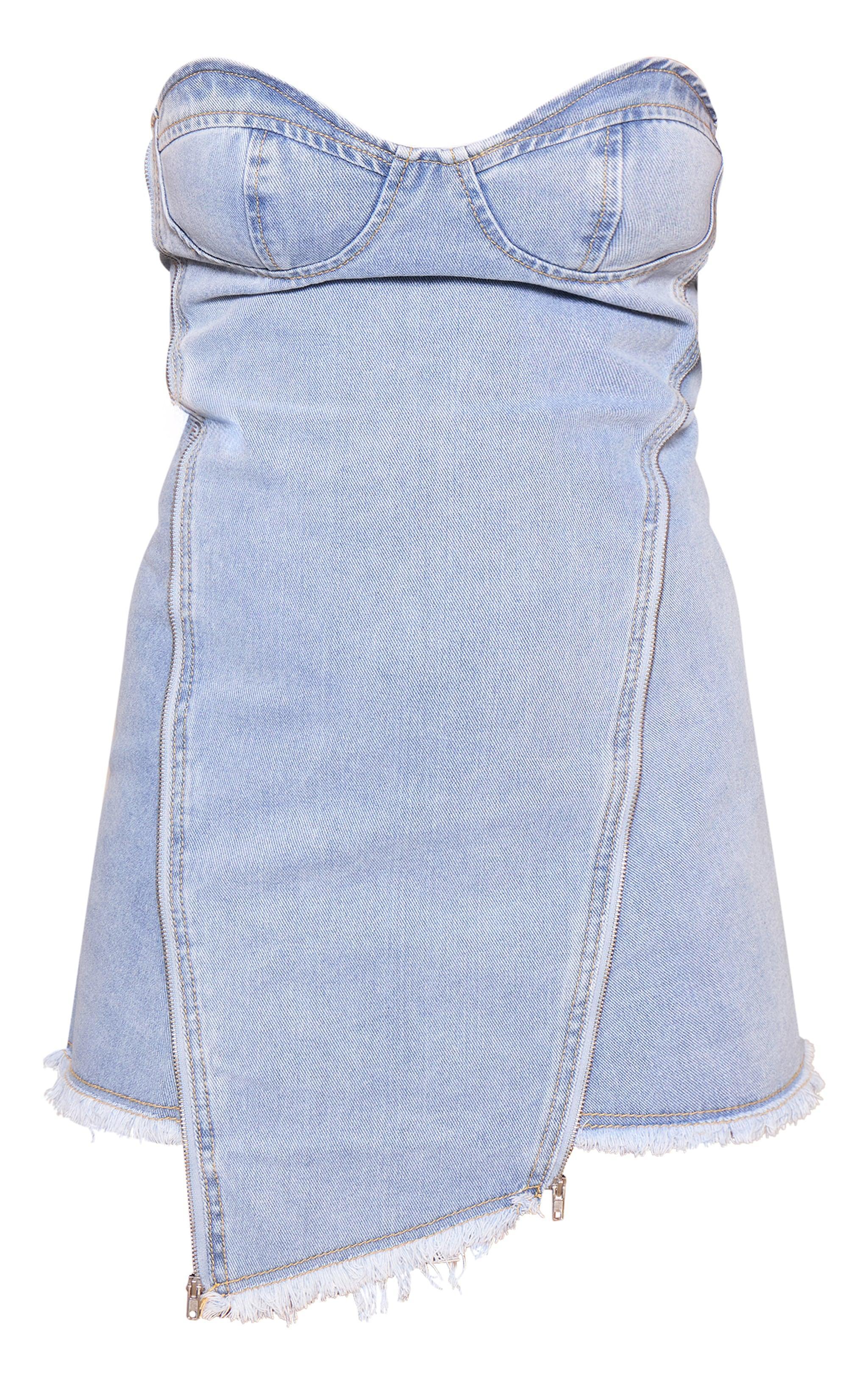 Light Blue Wash Asymmetric Zip Detail Denim Mini Dress Product Image