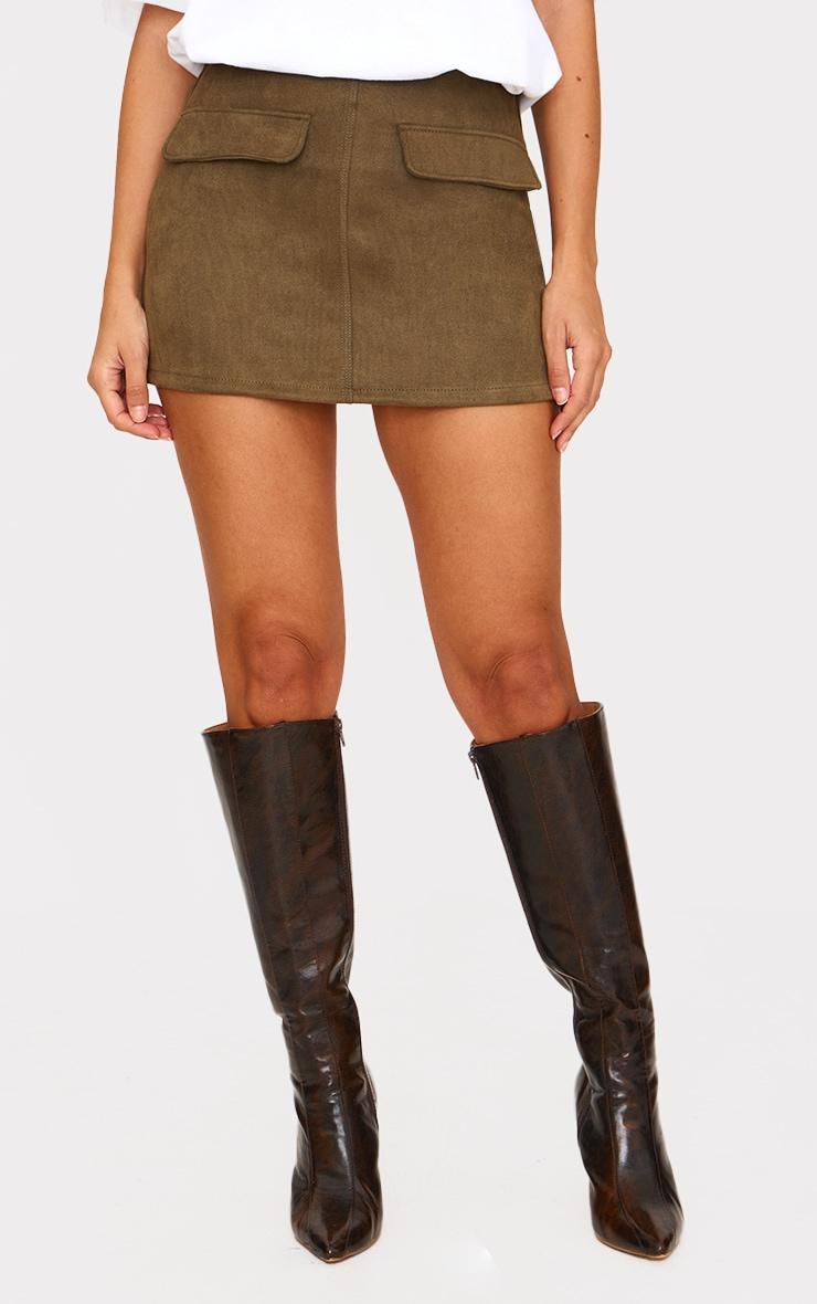 Khaki Faux Suede Pocket Front Mini Skirt Product Image