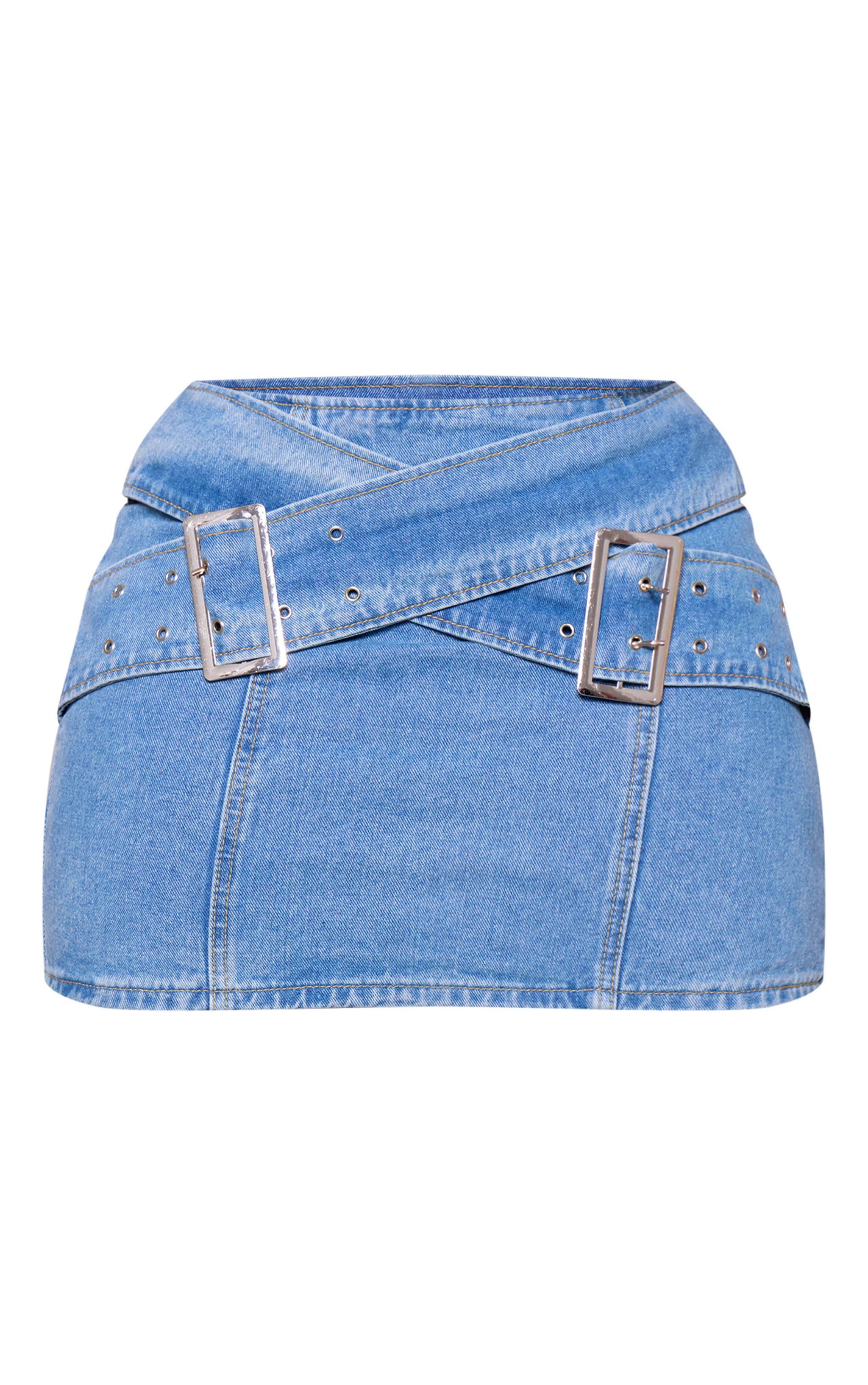 Shape Light Blue Denim Belted Mini Skirt Product Image