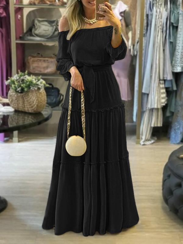 Wrap Falbala Solid Color Off-The-Shoulder Maxi Dresses Product Image