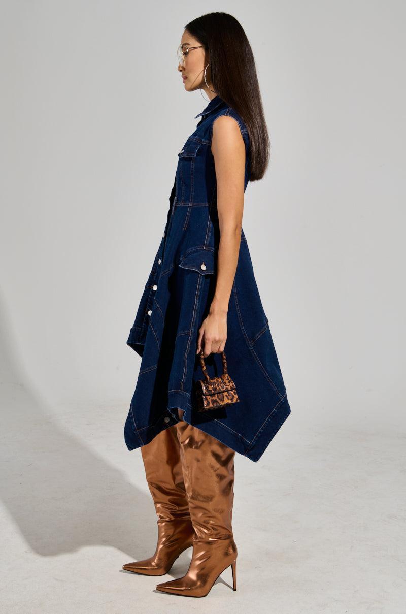 WINONA CAP SLEEVE BUTTON DOWN DENIM MIDI DRESS IN DARK BLUE Product Image