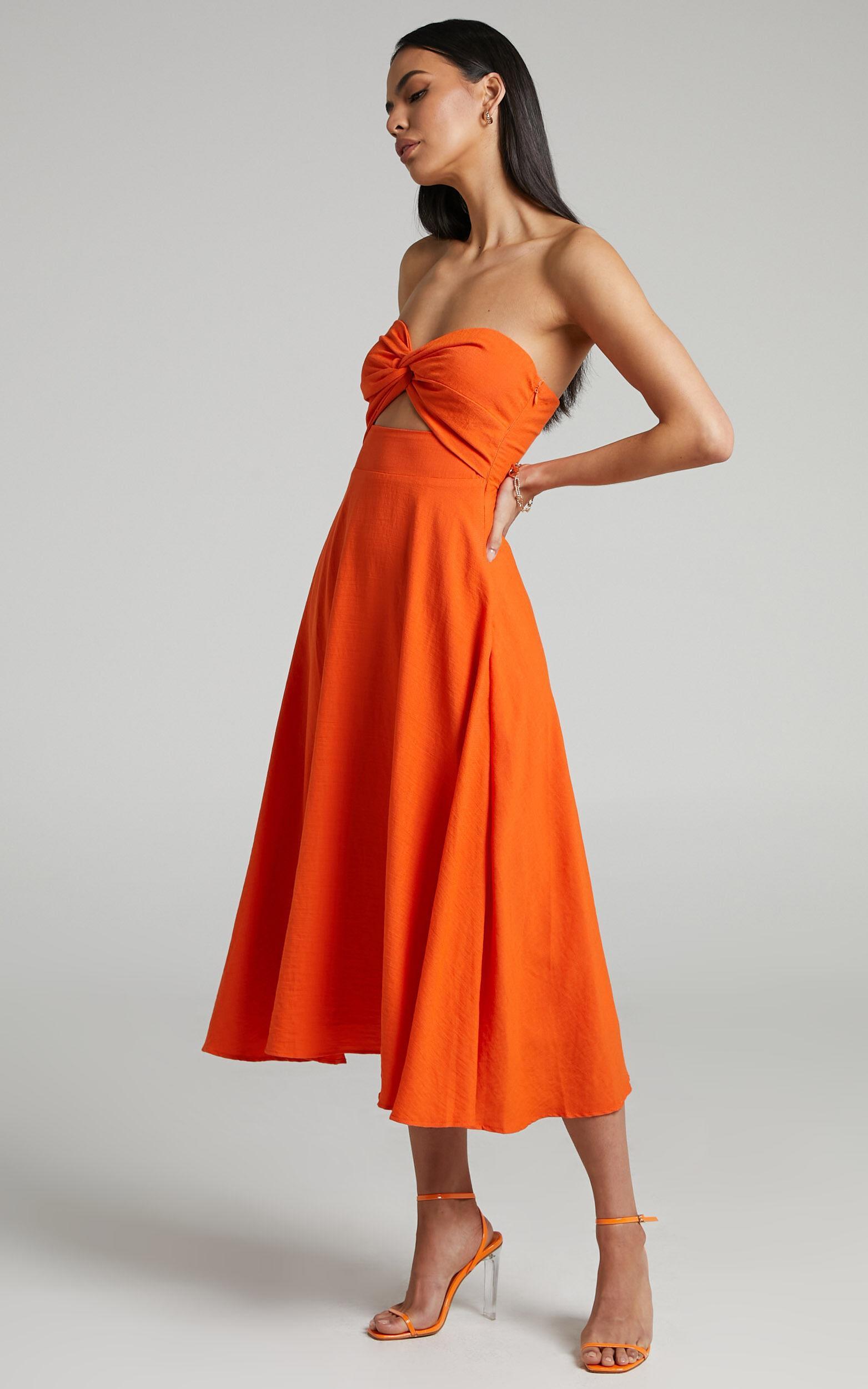 Avie Midi Dress - Twist Strapless Cocktail Dress in Orange Product Image