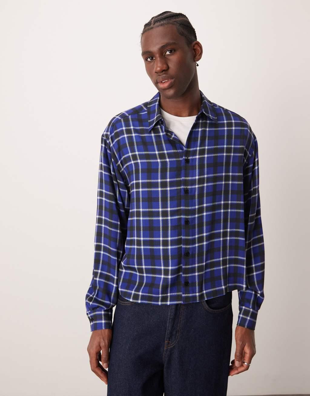 ASOS DESIGN oversized cropped shirt in blue check Product Image