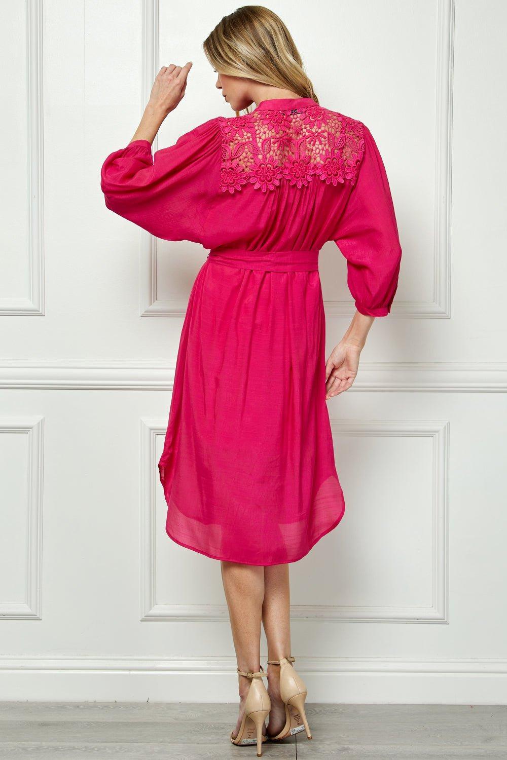 Button Front Yoke Neck Dress With Lace Shoulders Product Image