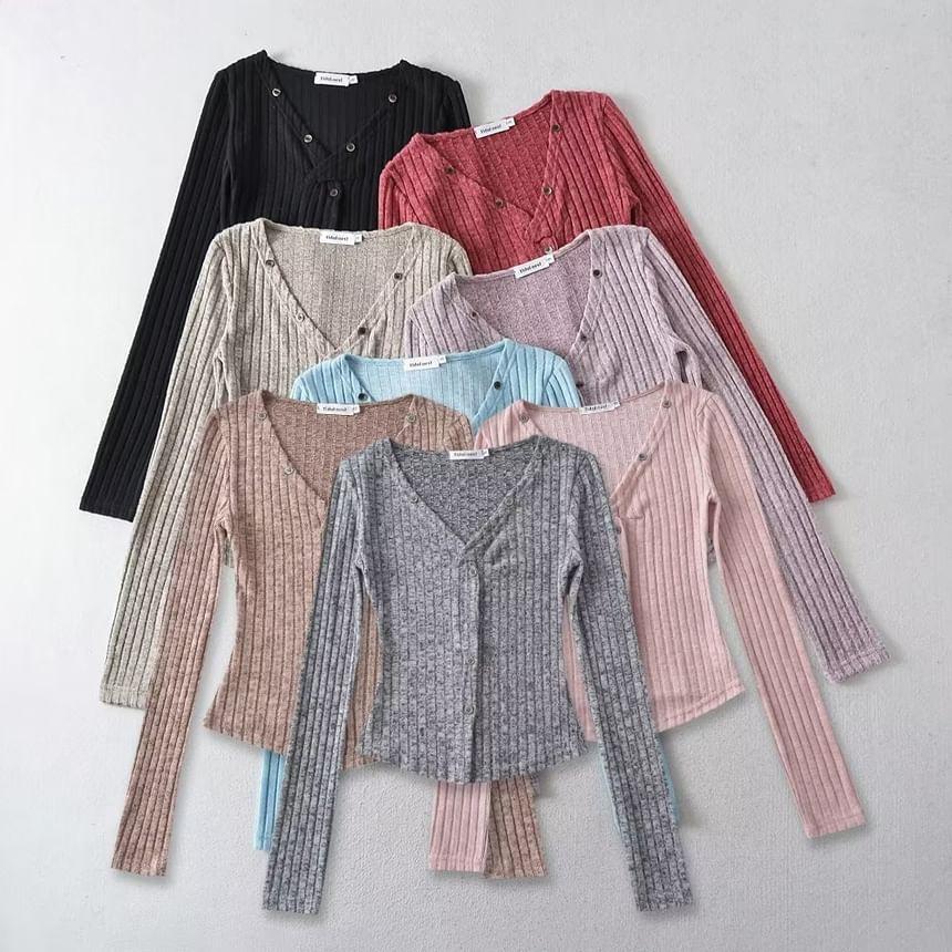 V-Neck Button-Up Plain Crop Cardigan Product Image