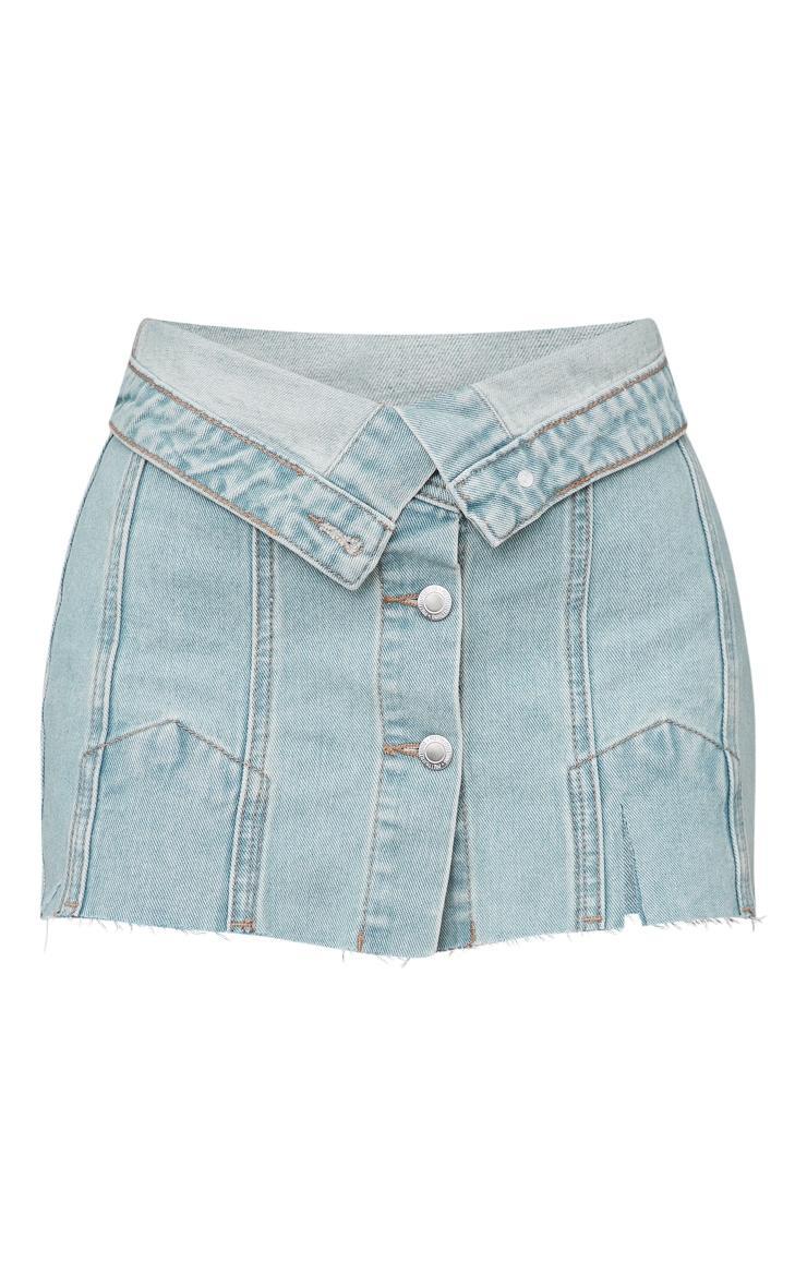 Petite Light Blue Wash Distressed Button Front Denim Micro Mini Skirt Product Image