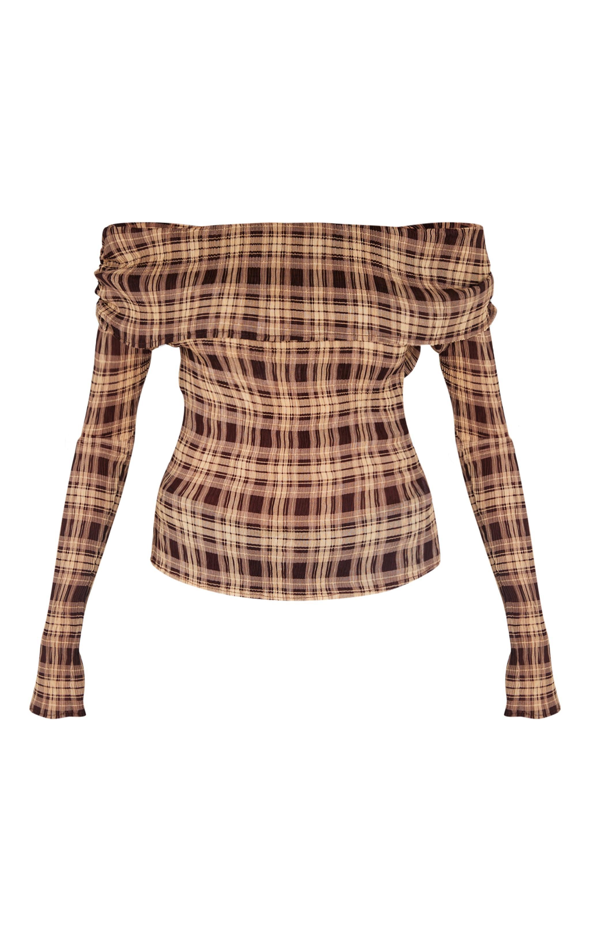 Brown Chiffon Plisse Check Bardot Long Top Product Image