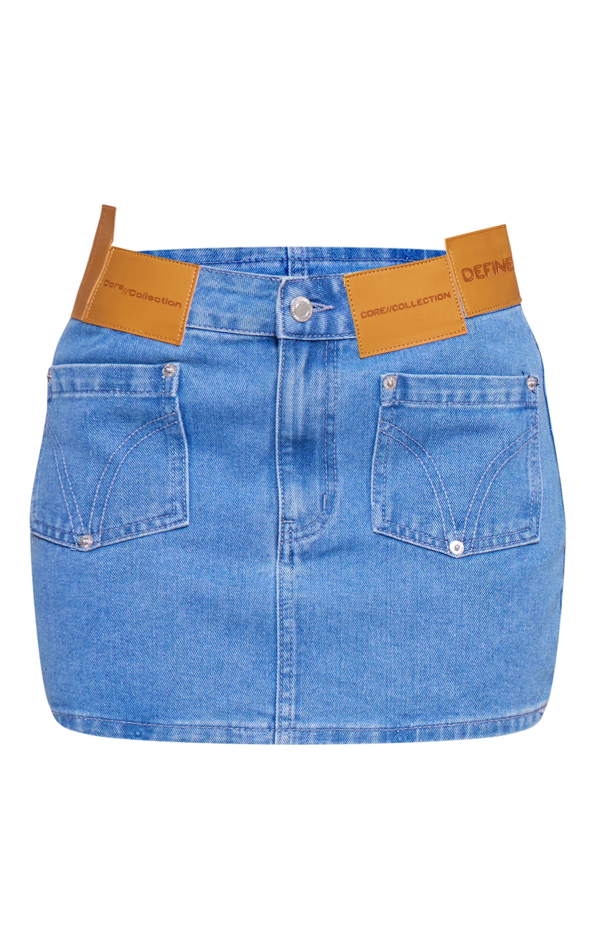 Petite Mid Blue Wash Denim Low Rise Badge Detail Mini Skirt Product Image