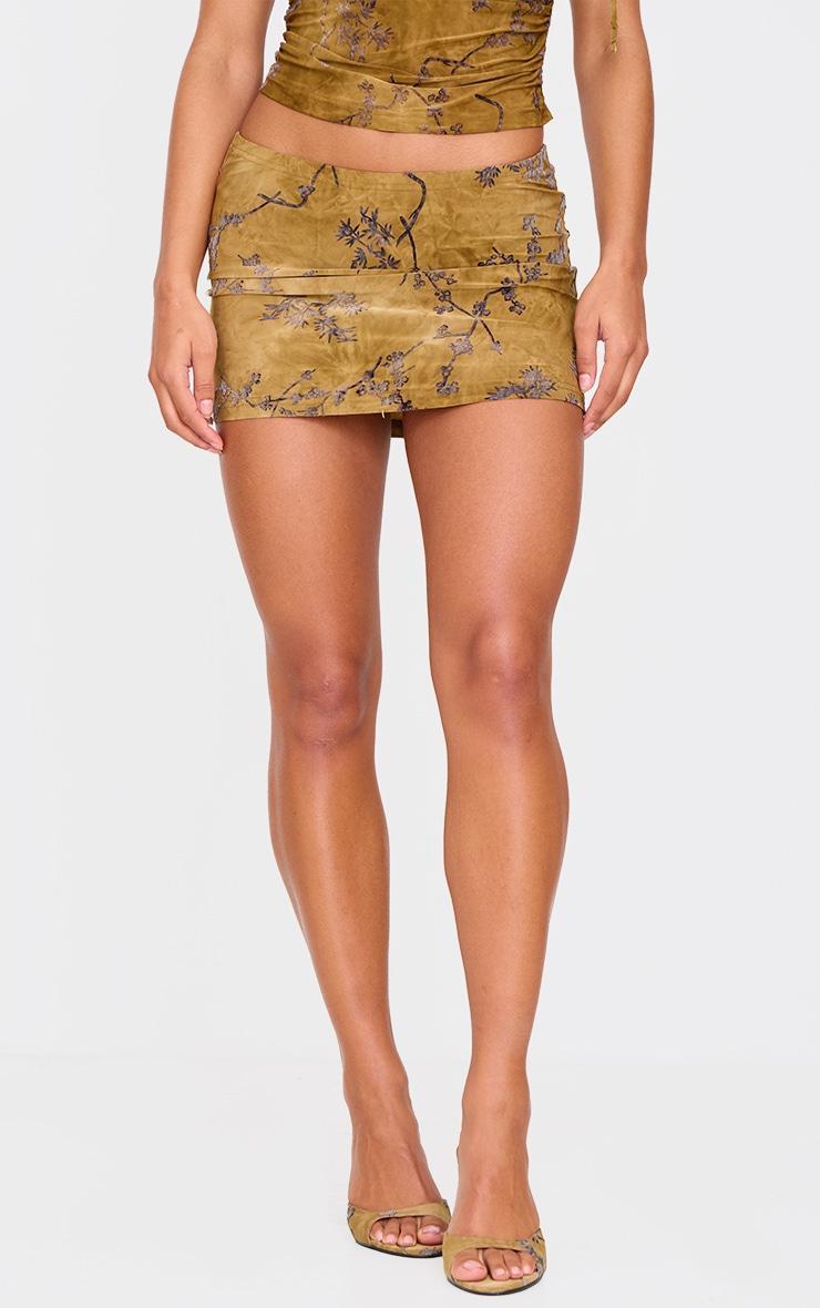 Olive Floral Devore Low Rise Mini Skirt Product Image