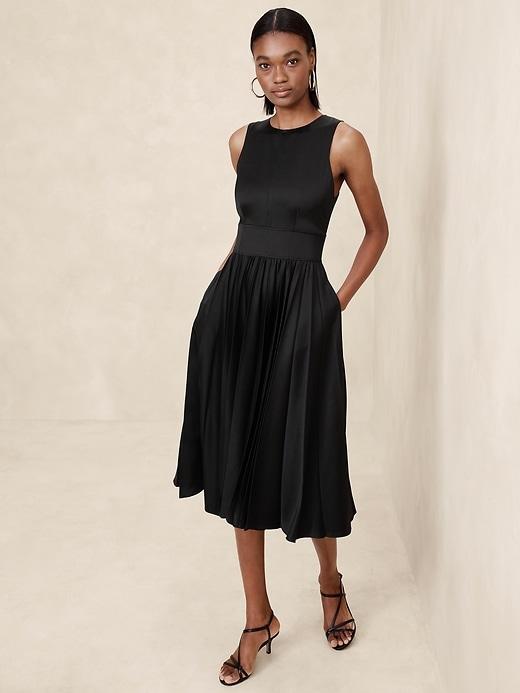 Ness Pleated Satin Midi Dress Product Image