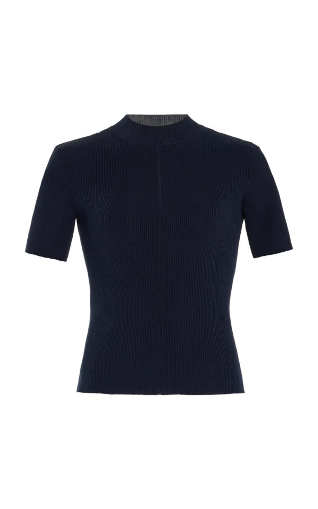 OSCAR DE LA RENTA Ribbed-knit Stretch-silk T-shirt In Navy Product Image