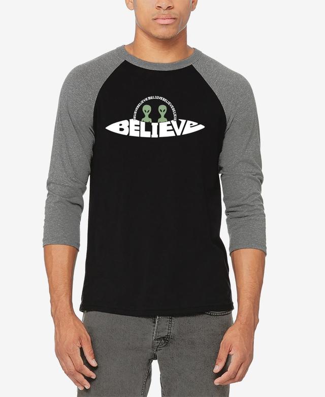 La Pop Art Mens Believe Ufo Raglan Baseball Word Art T-shirt - Gray Product Image