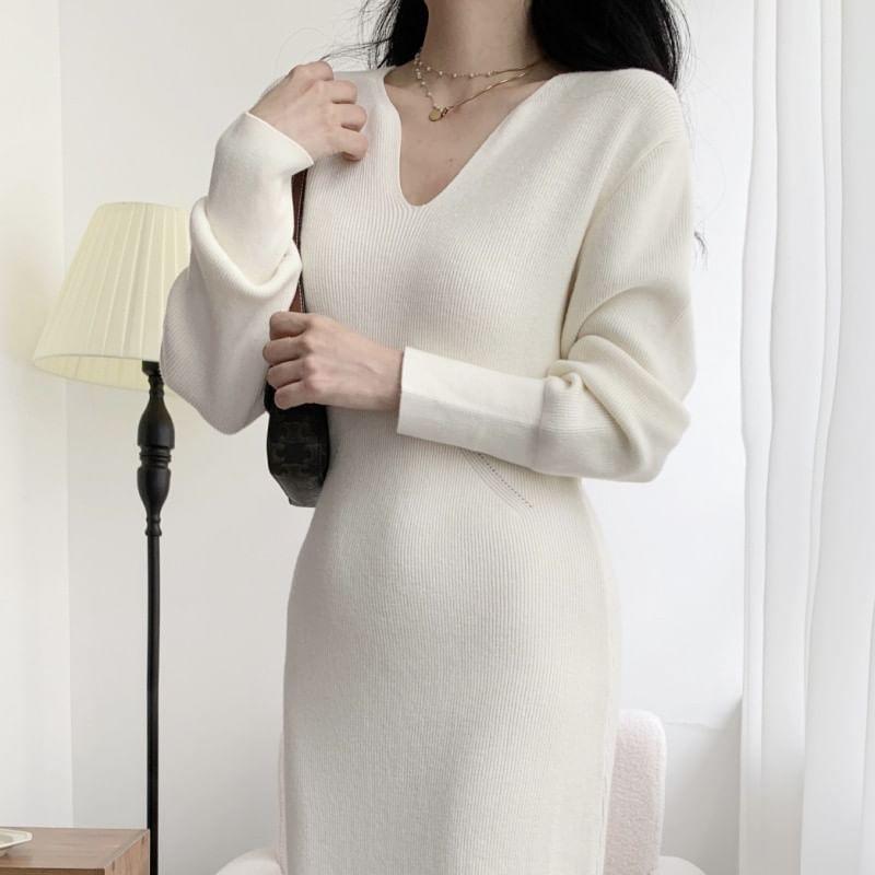 Long-Sleeve V-Neck Plain Ribbed Midi Sheath Knit Dress Product Image