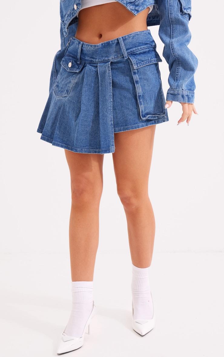 Mid Blue Wash Washed Pocket Detail Asymmetric Micro Mini Denim Skirt Product Image