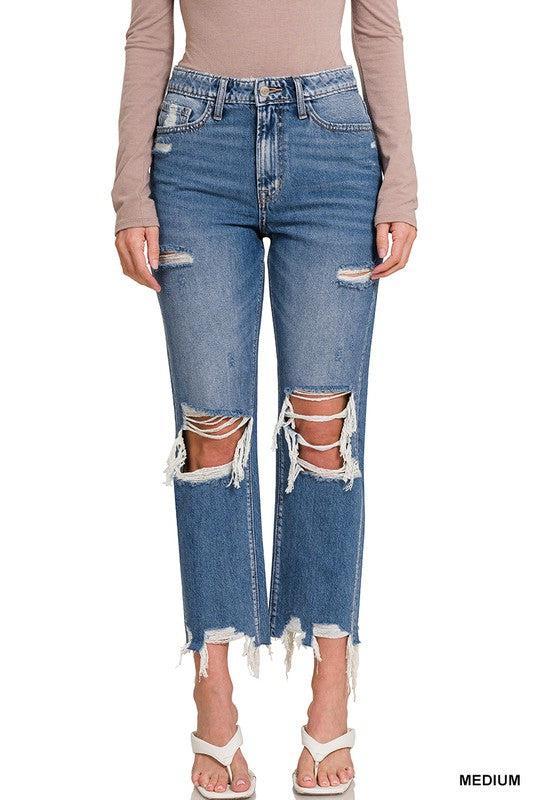 Michaela Distressed Straight Cropped Capri Jeans by Zenana product image